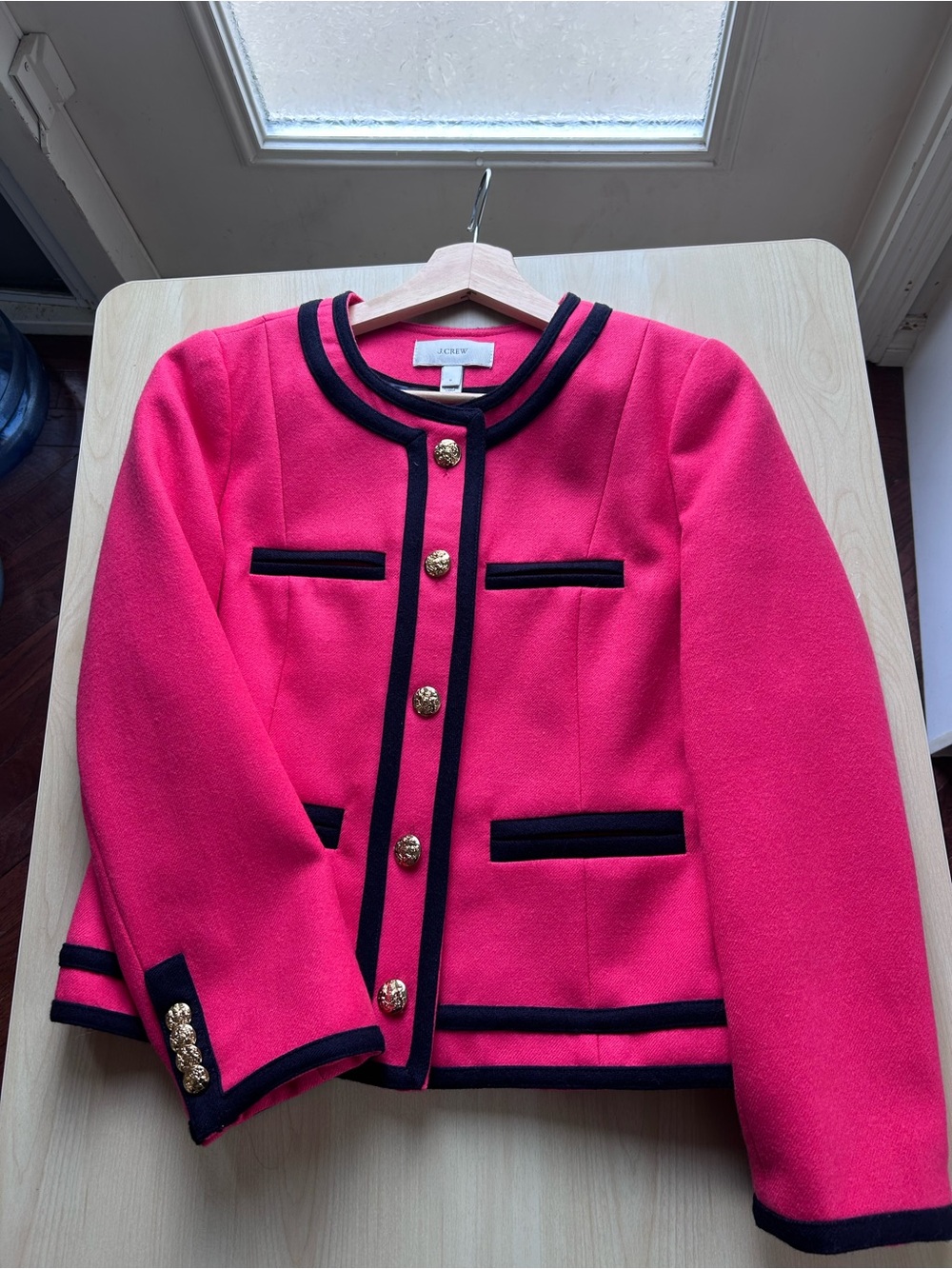 J.Crew Bright Berry Pink Wool Lady Jacket Navy Trim Gold Buttons - Picture 2 of 7